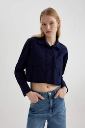 Crop Shirt Collar Poplin Long Sleeve Shirt