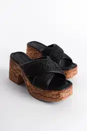 Women's Cork Platform Sold Straw Cross Band Slippers