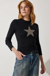 Happiness stanbul Women's Black Star Printed Knitted Blouse