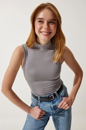 Happiness stanbul Women's Gray High Neck Sleeveless Viscose Knitted Blouse