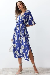 Blue Belted Floral Print A-line Double-breasted Collar Midi Woven Dress
