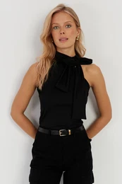 Women's Black Bow Crop Blouse