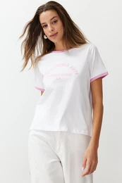 Ecru 100% Cotton Slogan Printed Contrast Piping Detailed Knitted T-Shirt