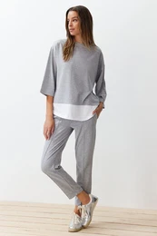 Gray Melange Relaxed Pattern Woven Garni Detailed Knitted Bottom-Top Set