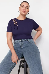 Curve Navy Blue Lace Detailed Knitted Blouse