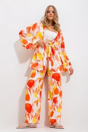 Trend Alaat Stili Women's Orange Kimono Jacket And Palazzo Pants Suit