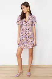 Lilac Floral Print Large Collar Mini Woven Shirt Dress