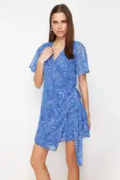 Saxe Blue Shawl Patterned Wrap Mini Woven Dress