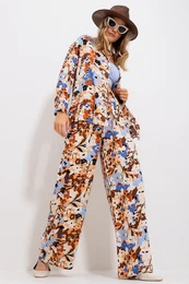 Trend Alaat Stili Women's Cinnamon Patterned Shirt And Trousers Bottom Top Woven Suit