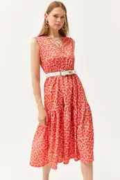 Women's Coral V-Neck Elastic Waist Sectional Knitted Dress