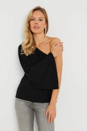 Women's One-Shoulder Spanish Sleeve Blouse Black