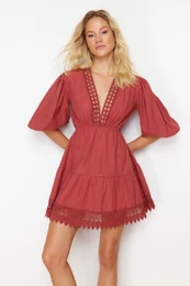 Dusty Rose Mini Woven Lace Detailed Beach Dress