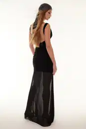 Black Transparent Detailed Knitted Tulle Long Elegant Evening Dress