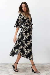 Black Belted Floral Print A-line Double-breasted Collar Midi Woven Dress