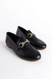 Women's Black Genuine Leather Loafer with Gold Buckle