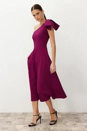 Plum A-Cut Bow Detailed Woven Elegant Evening Dress