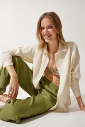 Happiness stanbul Women's Cream Pocket Oversize Linen Shirt