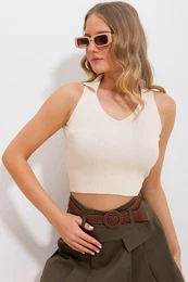 Trend Alaat Stili Women's Vanilla V-Neck Sleeveless Soft Textured Knitwear Blouse