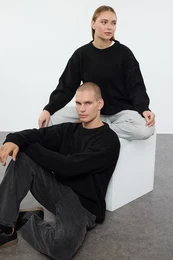 Black Wide Fit mehak teksturiran osnovni pulover za pletenine