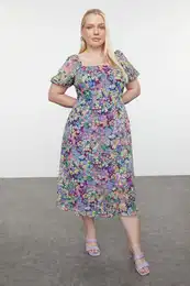 Curve Pink Lined Chiffon Floral Square Neck Balloon Sleeve Woven Plus Size Dress
