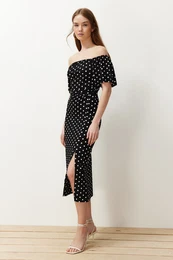 Black Polka Dot Polka Dot Carmen Collar Gathered Ribbed Flexible
