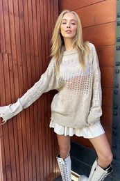 Trend Alaat Stili Women's Beige Crew Neck Openwork Knitwear Sweater