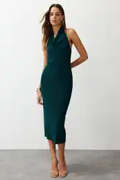 Emerald Green Scoop Neck Stretchy Knitted Midi Pencil Dress