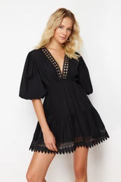 Black Mini Woven Lace Detail 100% Cotton Beach Dress