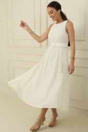 By Sayg Gathered Embroidered Lined Scallop Long Dress with Belt and Waistband