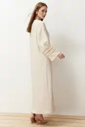Stone Brode Detail Long Woven Kimono & Kaftan & Abaya