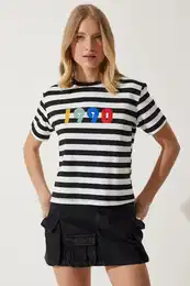 Happiness stanbul Women's Black And White Printed Striped Knitted T-Shirt