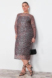 Curve Multicolored Leopard Patterned Tulle Midi Knitted Dress