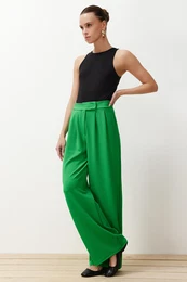 Green Hook and Loop Closure High Waist Pleated Wide Leg/Wide Cut Knitted Palazzo Trousers