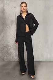 Black Lined Shiny Woven Chiffon Trousers