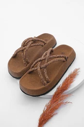 Women's Mushroom Pattern Sole Wool Rope Cross Strap Daily Slippers Persep Tan