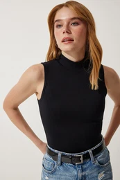 Happiness stanbul Women's Black High Neck Sleeveless Viscose Knitted Blouse
