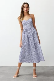 Blue Floral Print A-line Sweetheart Neck Midi Poplin Woven Dress