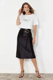 Black Satin A-Line/Bell Form Midi Knitted Skirt
