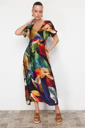 Multi Color Floral Print A-line Viscose Midi Woven Dress
