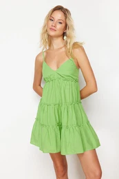 Neon Green Mini Woven Ruffled 100% Cotton Beach Dress