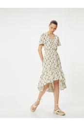 Floral Midi Dress Asymmetric Cut Frilly Short Sleeve V Neck Buttoned Lined