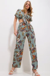 Trend Alaat Stili Women's Khaki Patterned Tie Crop Blouse And Pocket Trousers Bottom Top Woven Suit