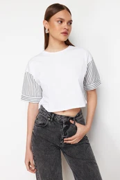 White Striped Poplin Sleeve Detailed Slogan Printed Crop Knitted T-Shirt
