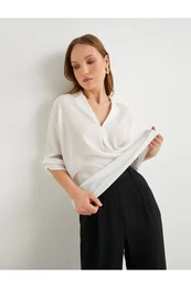 V Neck Blouse Folded Sleeves Regular Fit