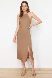Camel Fitted Slit Detailed Gabardine Midi Woven Dress