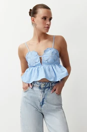 Light Blue Crop Floral Embroidered Woven Blouse