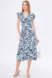 Women's Baby Blue Miden Dress Double Breasted Collar Shoulder Ruffle Detailed Elastic Waist Midi Length