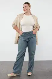 Curve Blue Pale Effect Vintage Wide Cut Jeans