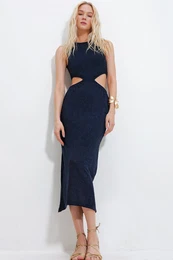 Trend Alaat Stili Women's Dark Navy Blue Outcut Cut Self Textured Midi Length Dress