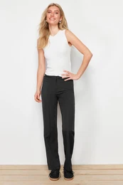 Black Straight Cut High Waist Ribbed Stitched Woven Trousers